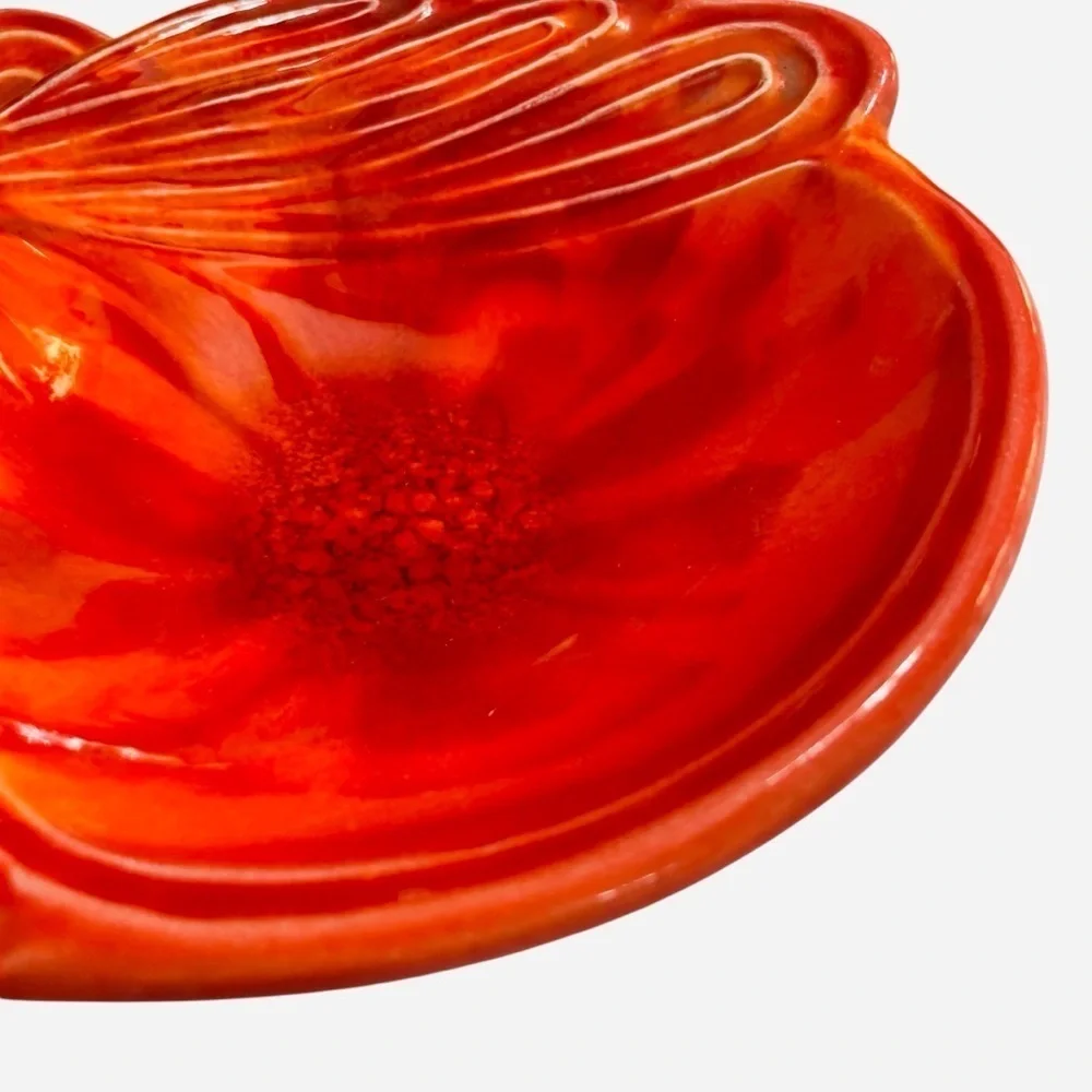 1960s Cal Style USA Orange Pottery Divided Candy Dish MCM Leaf Tidbit Tray